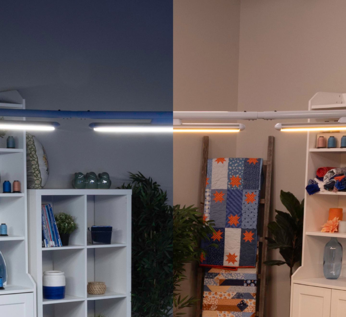 Color temperature comparison showing cool and warm lighting on a quilting frame